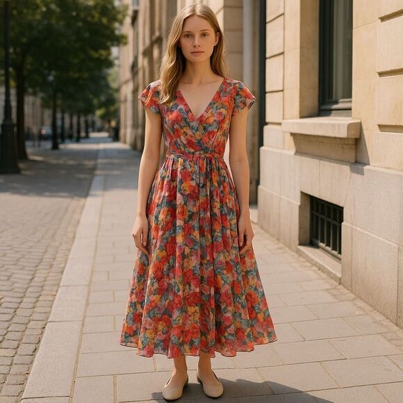 NWT Stella & Suzie Multicolor Floral V-neck Ruffle Chiffon Midi Dress Medium - Picture 1 of 12